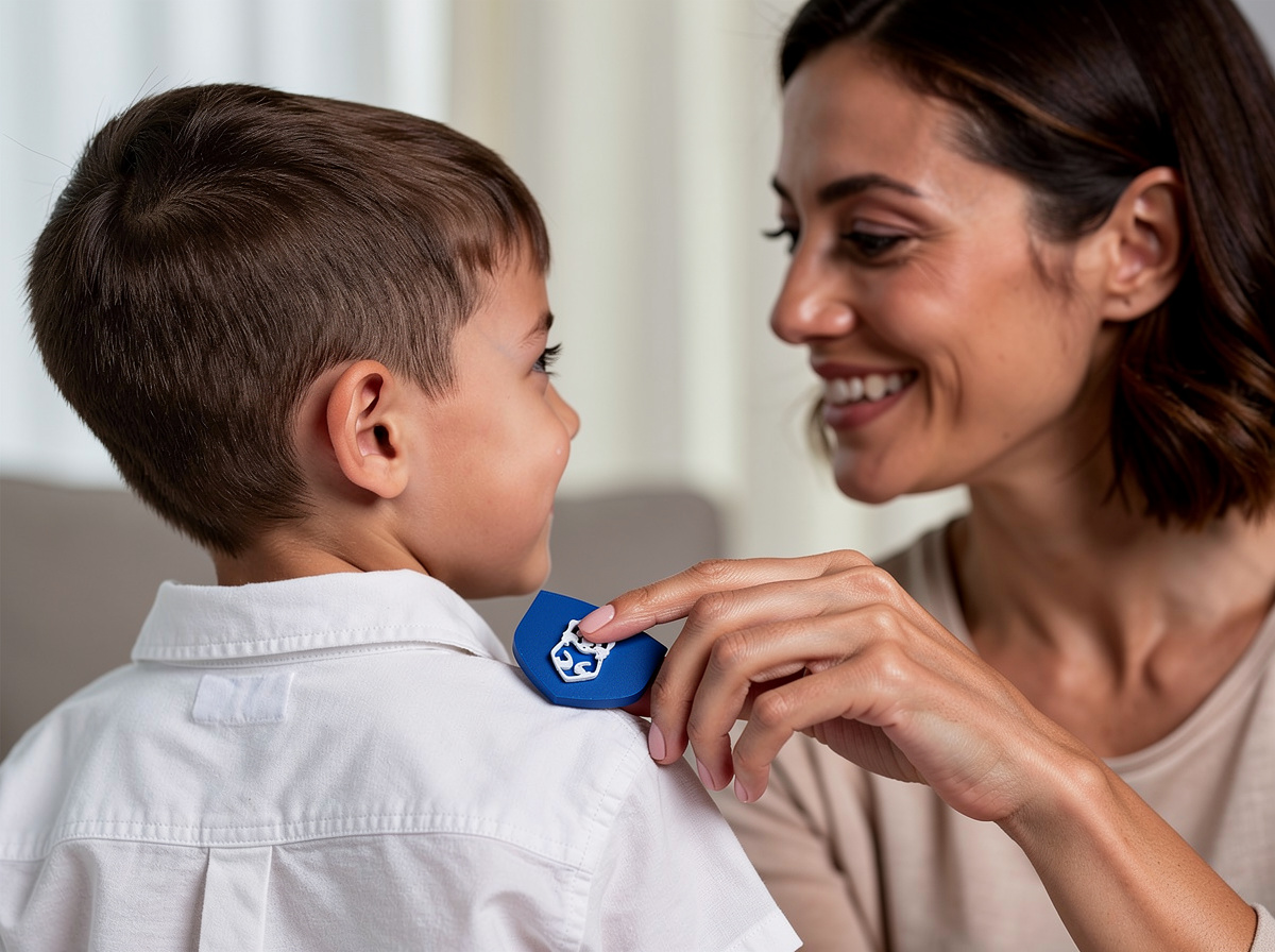A parent attaching the Shield device to their child's shirt collar